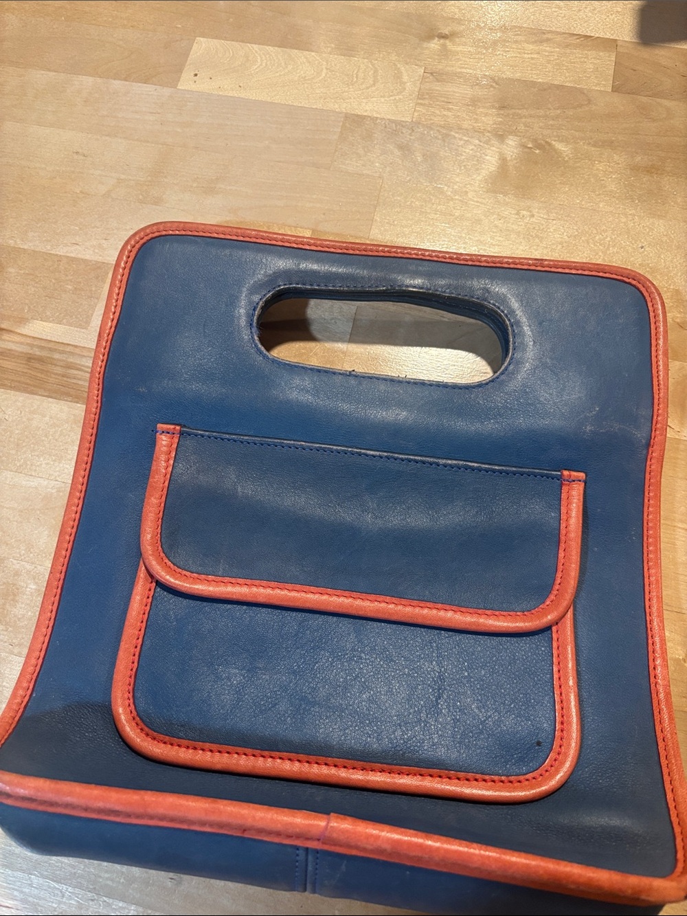 Men's Navy Blue and Orange Leather Handheld Bag